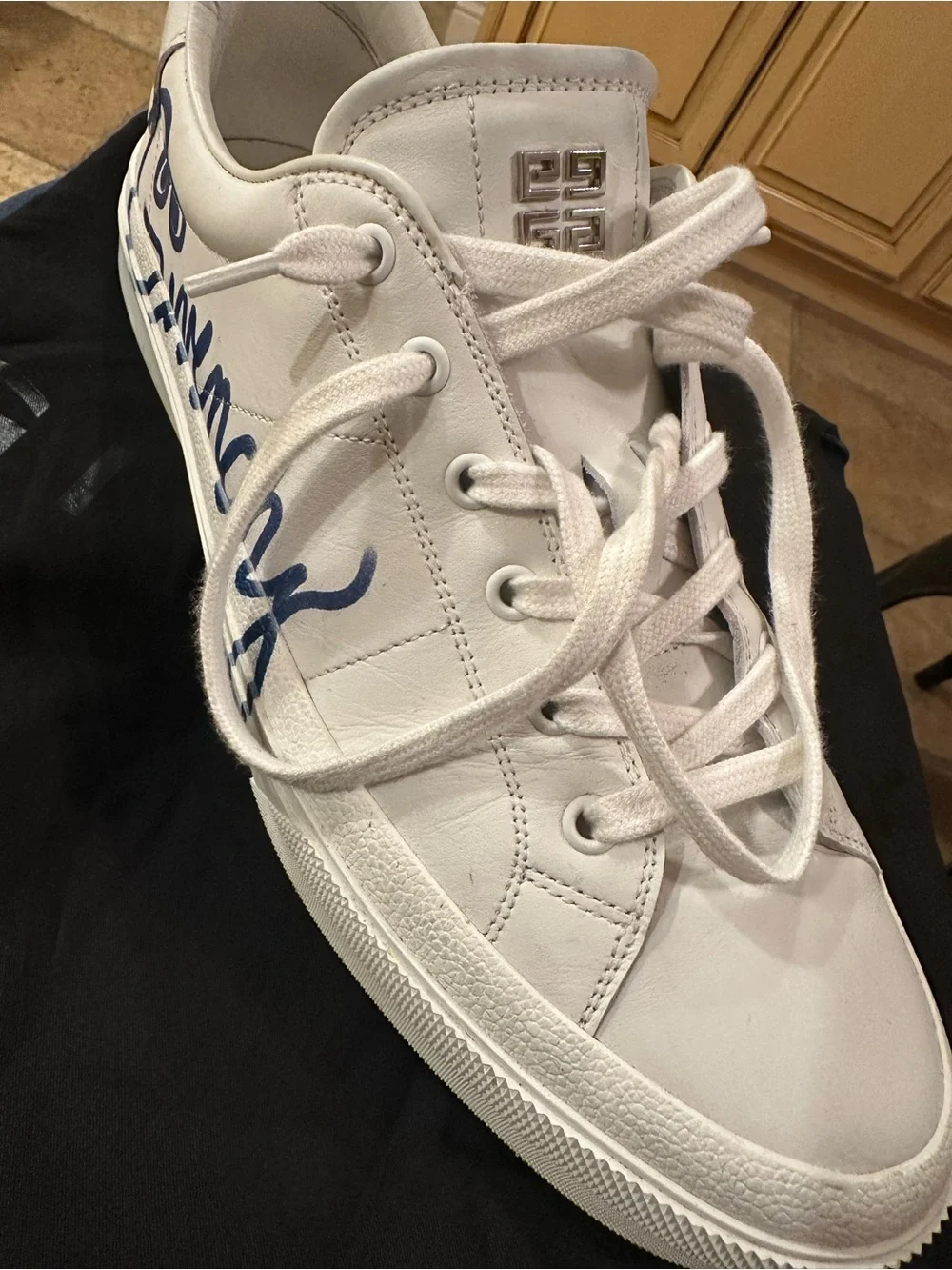 Givenchy White Leather Low-Top Sneaker with Navy Script